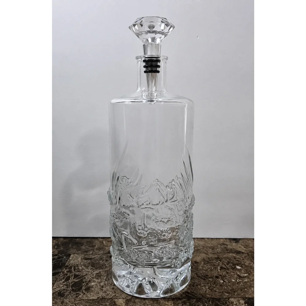 Vintage Stag Deer Wildlife Glass Whiskey Decanter w/ Crystal Acrylic Stopper 11